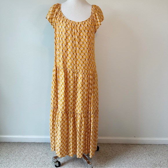 Knox Rose Women’s Mustard Yellow Geometric Print Tribal Tiered Maxi Dress, Large - Picture 1 of 16
